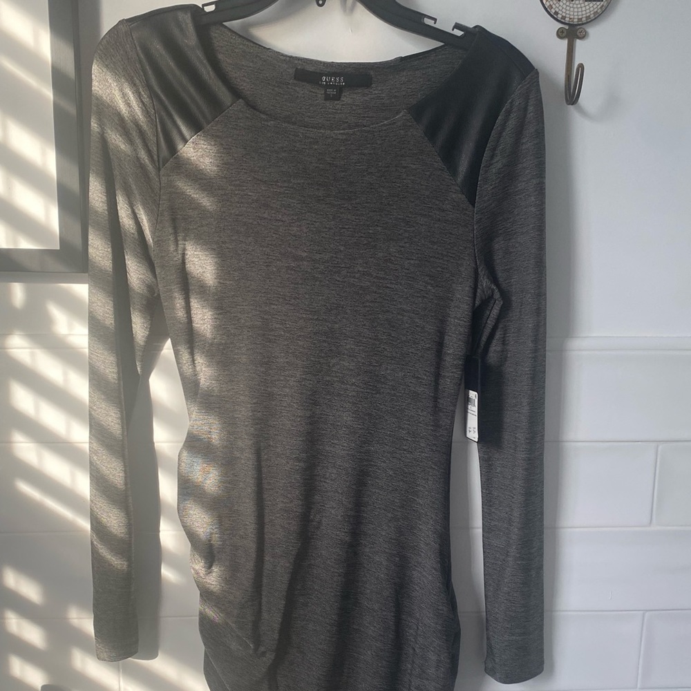 Gray with black faux leather shoulders dress
